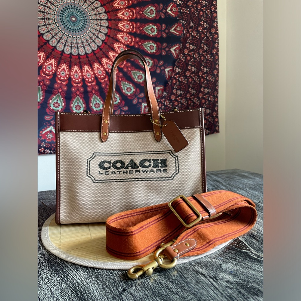 Coach Leatherware Two-Tone Canvas Tote in Beige and Brown with Orange Strap - Picture 2 of 8